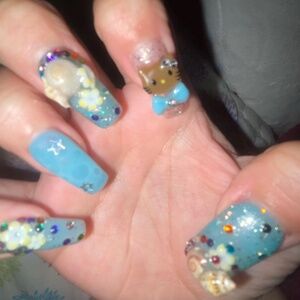 gyaru hell0 k1tty baby blue bejeweled shells beach ocean tropical press-on nails